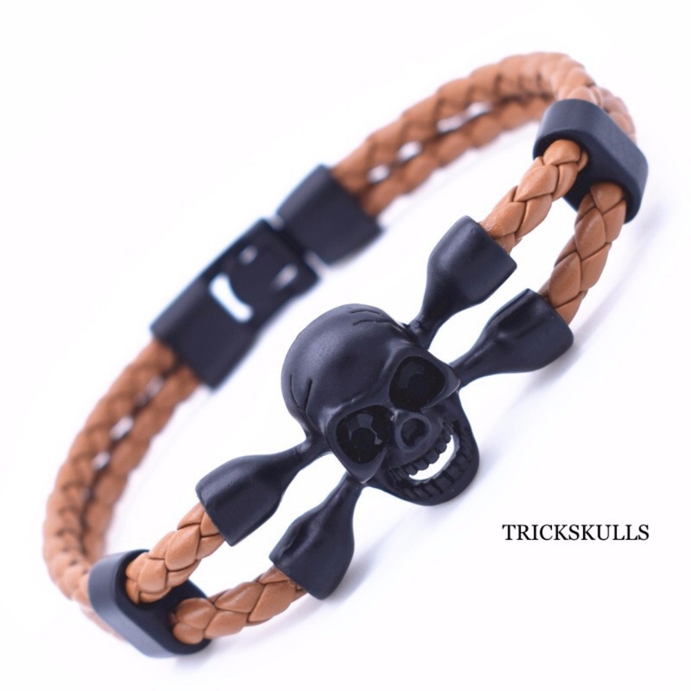 Mens Steel & Leather COFFEE Braided Skull & Crossbones Cuff Bracelet 8 1/4” NEW!